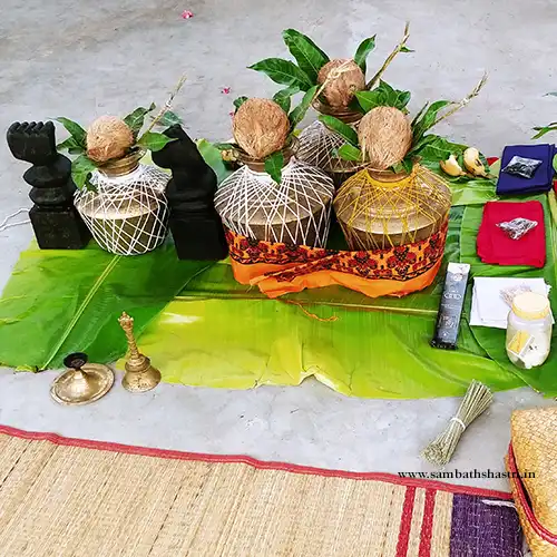 Kalasams prepared on banana leaf for a homam